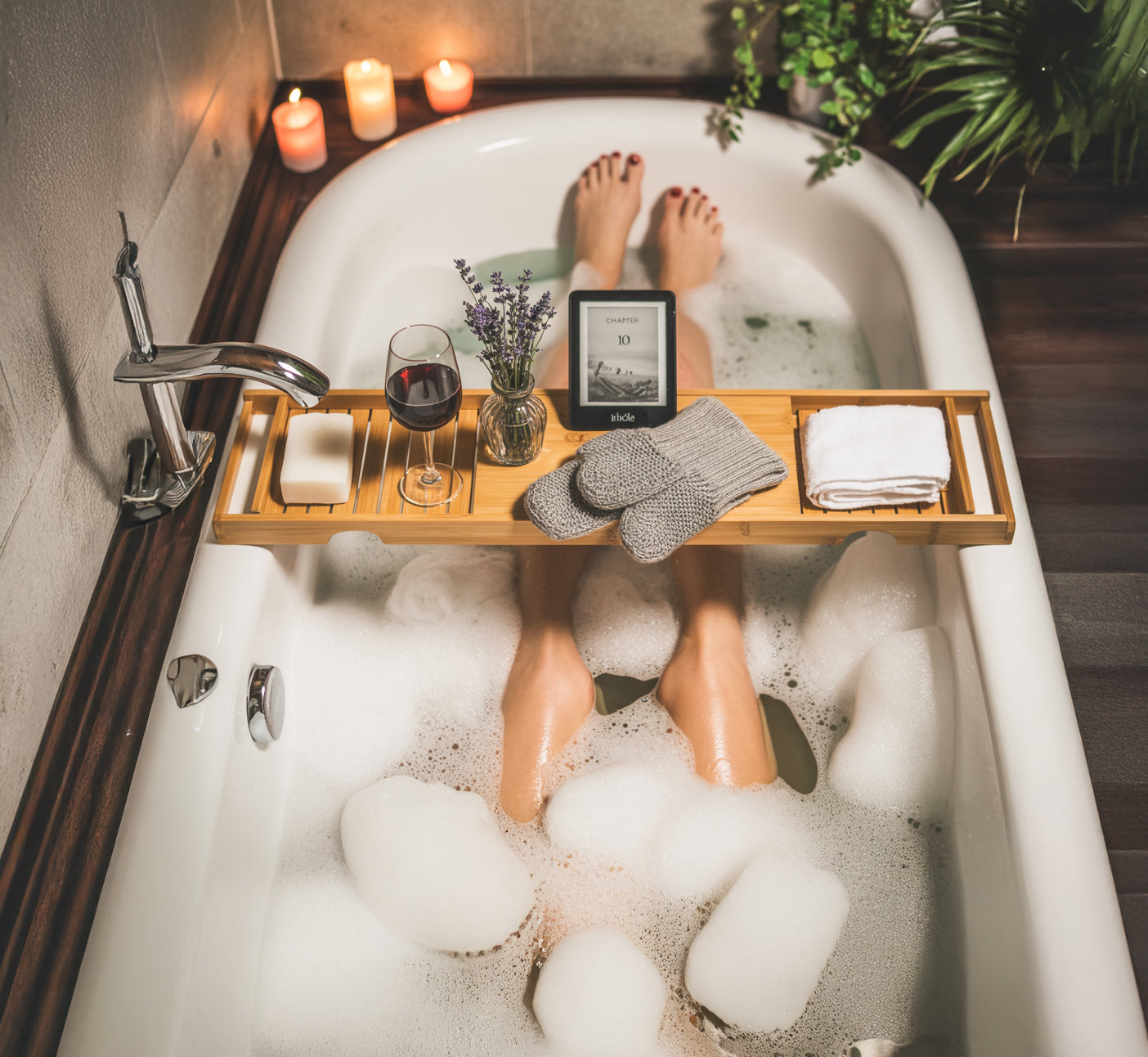 Expandable Bamboo Bathtub Caddy – Spa Bath Tray for Wine, Books & Tablet